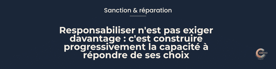 Professionnel accompagnant un jeune dans un échange éducatif après une situation du quotidien. L'illustration représente la responsabilisation progressive, l'explicitation des conséquences, la relation éducative et la construction de l'autonomie dans un cadre cohérent.