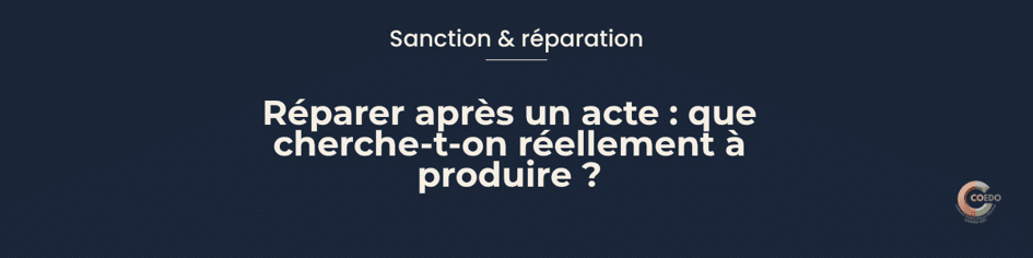 Illustration COEDO représentant les conséquences d'un acte comme plusieurs éléments distincts à restaurer : un dommage matériel, une relation fragilisée, la place de la personne ayant subi et celle de l'auteur dans le collectif. L'image montre que la réparation éducative ne consiste pas à effacer l'événement, mais à identifier ce qui peut réellement être restauré après celui-ci.